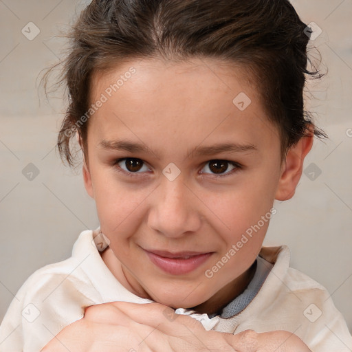 Joyful white child female with medium  brown hair and brown eyes