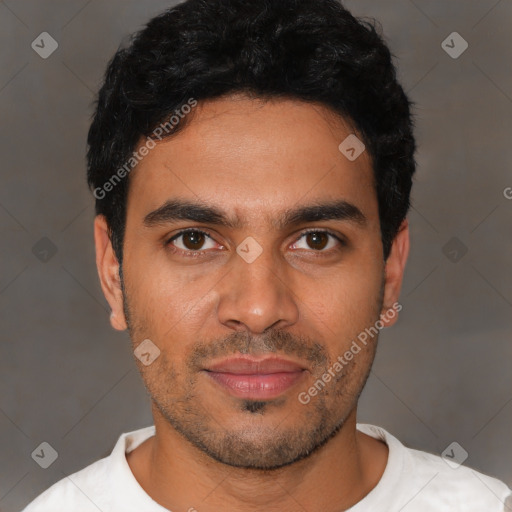 Neutral latino young-adult male with short  black hair and brown eyes