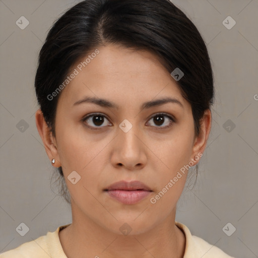 Neutral asian young-adult female with medium  brown hair and brown eyes