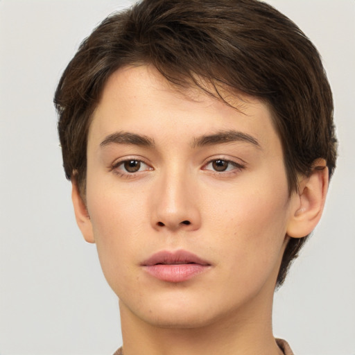 Neutral white young-adult female with short  brown hair and brown eyes