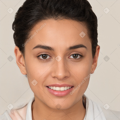 Joyful white young-adult female with short  brown hair and brown eyes