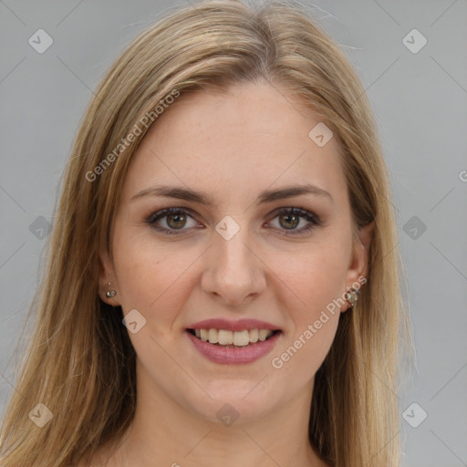 Joyful white young-adult female with long  brown hair and grey eyes