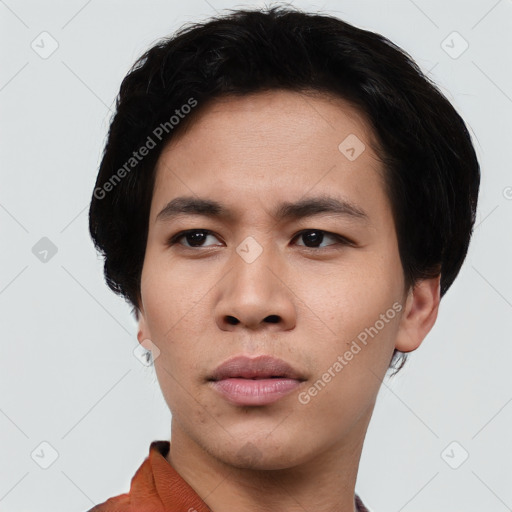 Neutral asian young-adult male with short  black hair and brown eyes