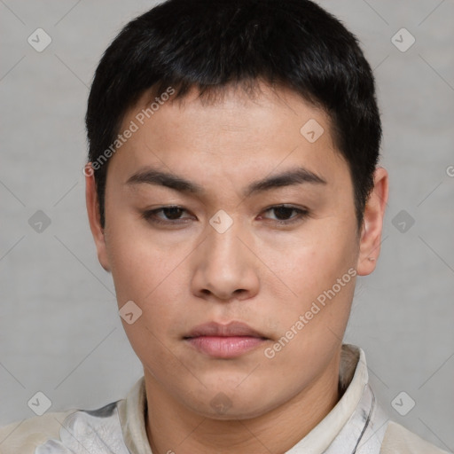 Neutral asian young-adult male with short  black hair and brown eyes