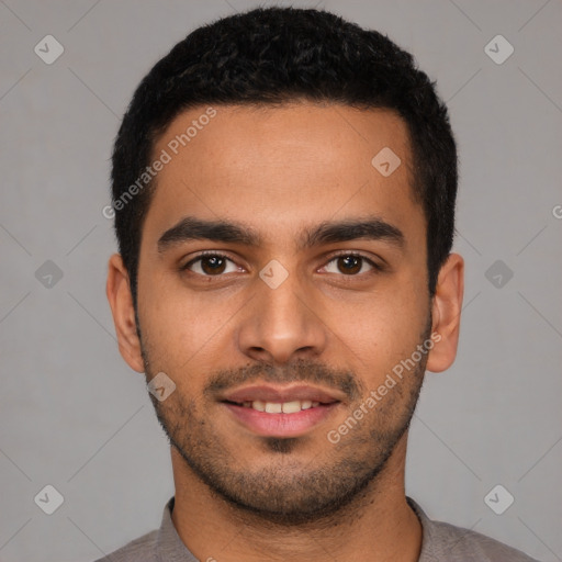 Neutral latino young-adult male with short  black hair and brown eyes