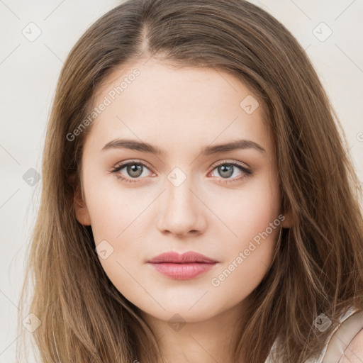 Neutral white young-adult female with long  brown hair and brown eyes