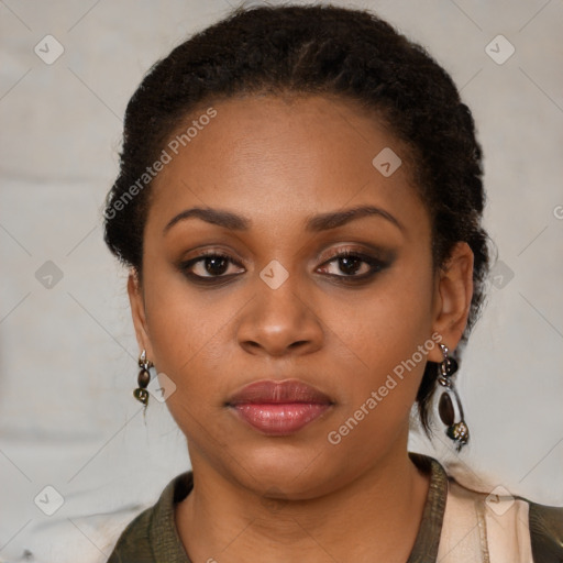 Neutral black young-adult female with short  brown hair and brown eyes