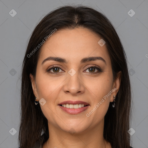 Joyful white young-adult female with long  brown hair and brown eyes