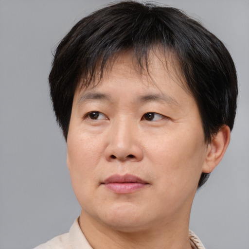 Joyful asian adult male with short  brown hair and brown eyes
