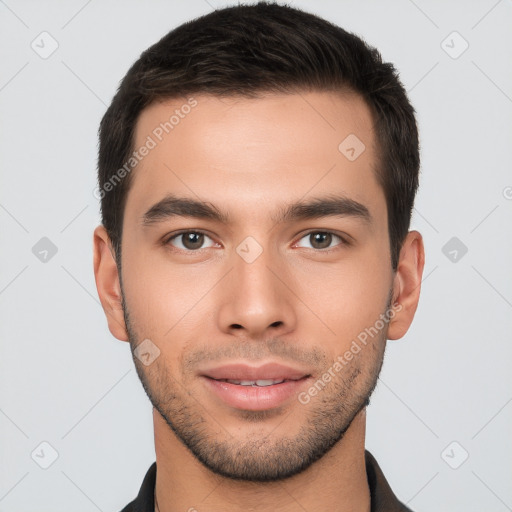 Neutral white young-adult male with short  brown hair and brown eyes