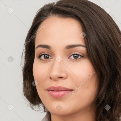 Neutral white young-adult female with long  brown hair and brown eyes