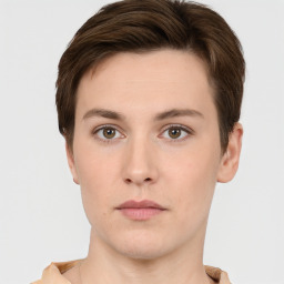 Neutral white young-adult female with short  brown hair and brown eyes