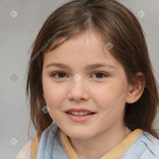 Joyful white child female with medium  brown hair and brown eyes