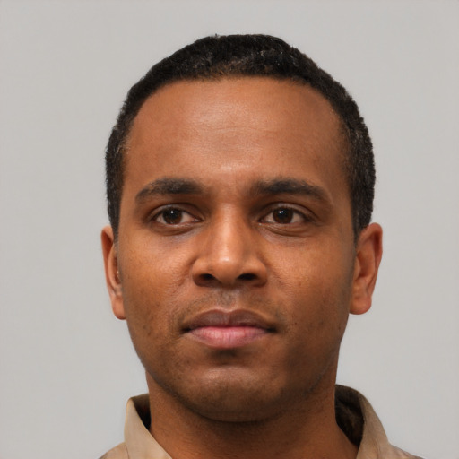 Neutral latino adult male with short  black hair and brown eyes