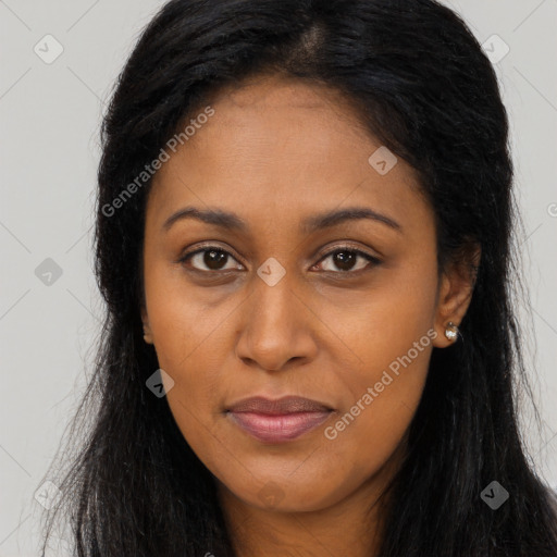 Joyful asian young-adult female with long  brown hair and brown eyes