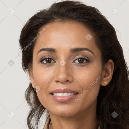 Joyful white young-adult female with long  brown hair and brown eyes