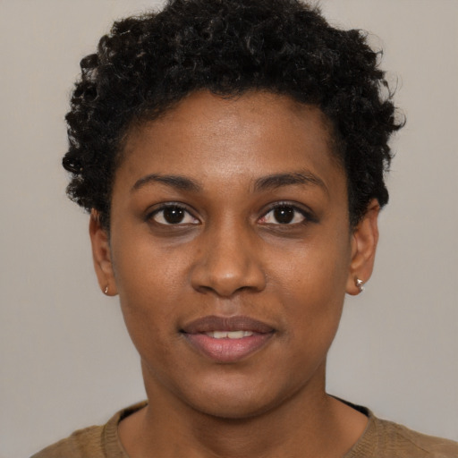 Neutral black young-adult female with short  brown hair and brown eyes