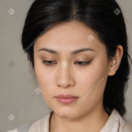 Neutral asian young-adult female with medium  brown hair and brown eyes