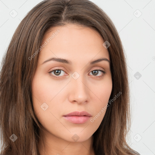 Neutral white young-adult female with long  brown hair and brown eyes