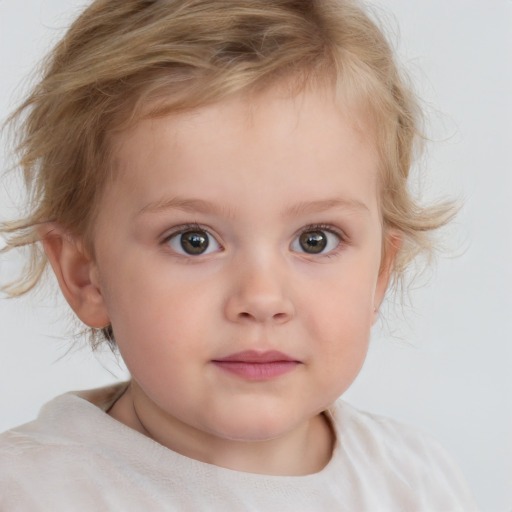 Neutral white child female with medium  brown hair and blue eyes