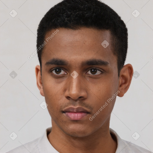 Neutral latino young-adult male with short  black hair and brown eyes