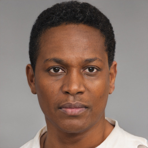 Neutral black young-adult male with short  black hair and brown eyes