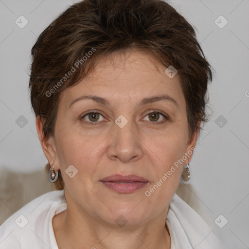 Joyful white adult female with medium  brown hair and brown eyes