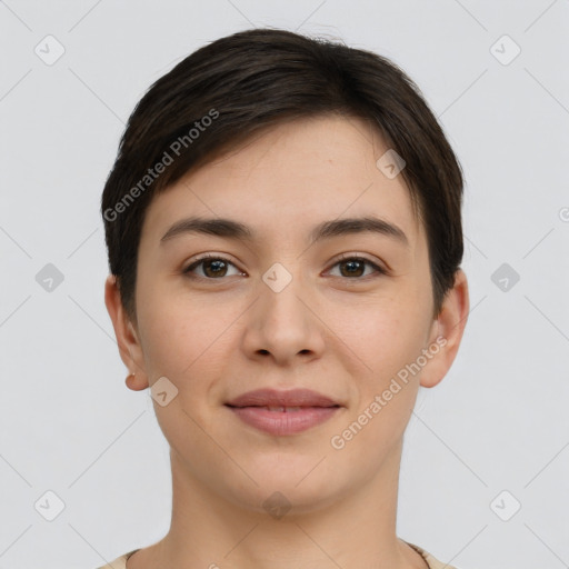 Joyful white young-adult female with short  brown hair and brown eyes