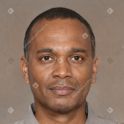 Neutral latino adult male with short  black hair and brown eyes
