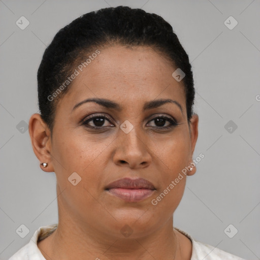 Joyful latino young-adult female with short  brown hair and brown eyes