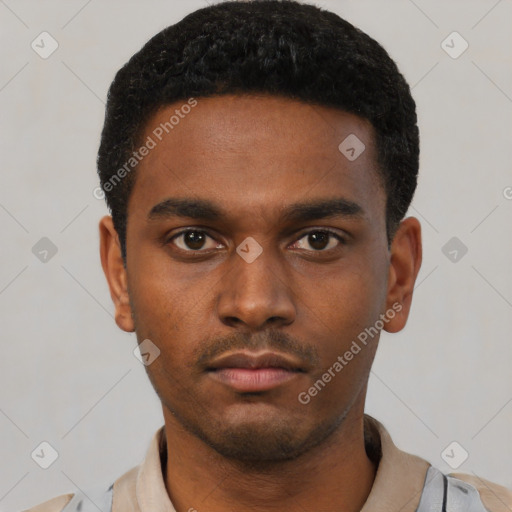 Neutral black young-adult male with short  black hair and brown eyes