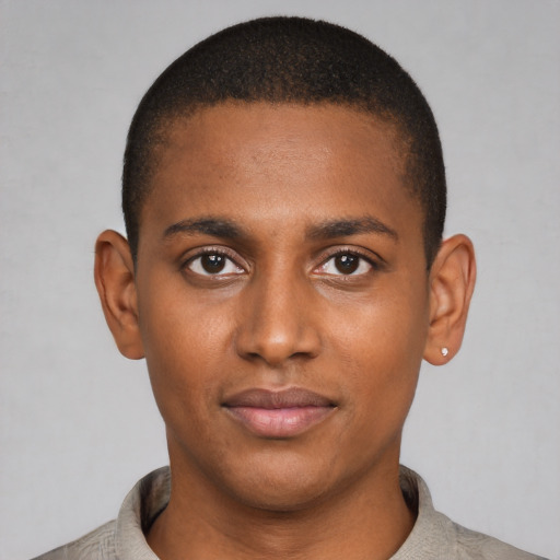 Neutral black young-adult male with short  brown hair and brown eyes