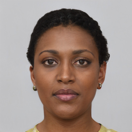Neutral black young-adult female with short  black hair and brown eyes