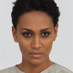 Neutral black young-adult female with short  brown hair and brown eyes