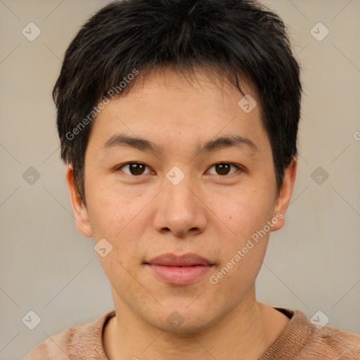 Neutral asian young-adult male with short  brown hair and brown eyes