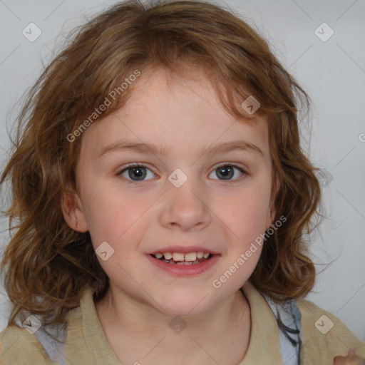 Joyful white child female with medium  brown hair and blue eyes