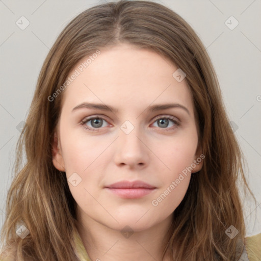 Neutral white young-adult female with long  brown hair and brown eyes