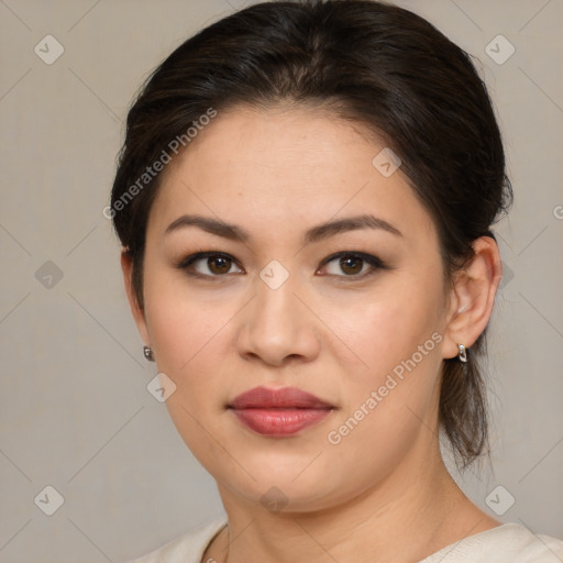 Joyful white young-adult female with medium  brown hair and brown eyes