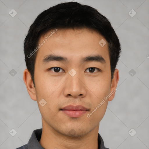 Neutral asian young-adult male with short  black hair and brown eyes