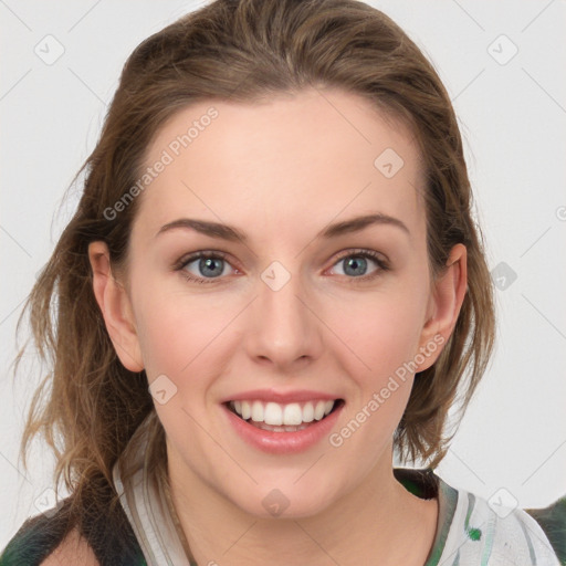 Joyful white young-adult female with medium  brown hair and green eyes