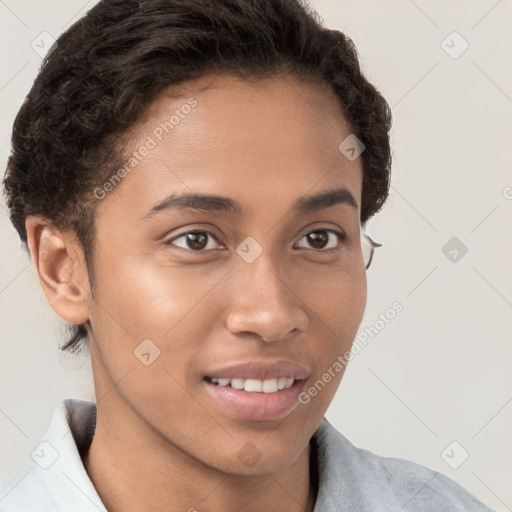 Joyful white young-adult female with short  brown hair and brown eyes