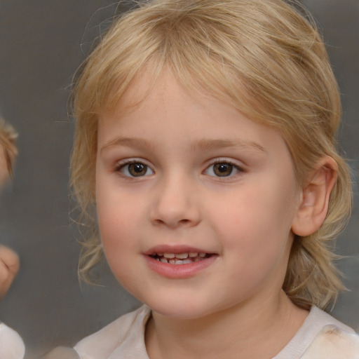 Joyful white child female with medium  brown hair and brown eyes