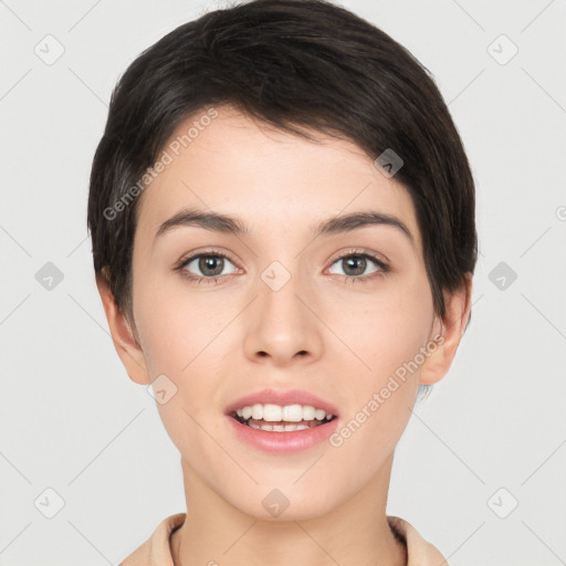 Joyful white young-adult female with short  brown hair and brown eyes