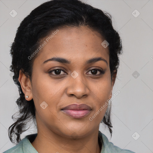 Joyful black young-adult female with medium  brown hair and brown eyes