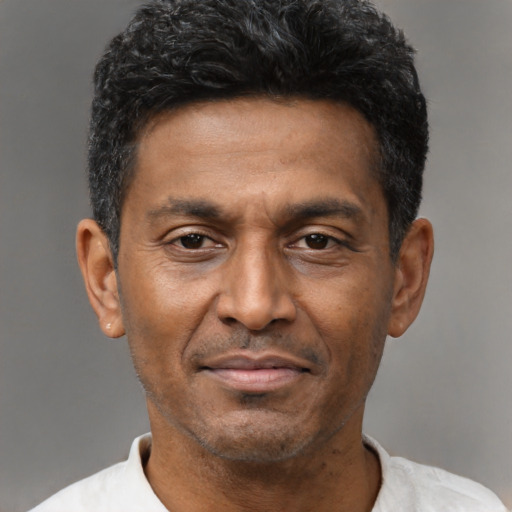 Joyful black adult male with short  black hair and brown eyes