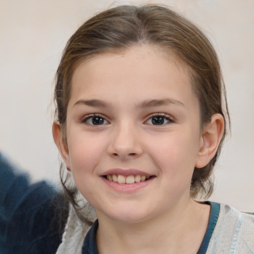 Joyful white child female with medium  brown hair and blue eyes