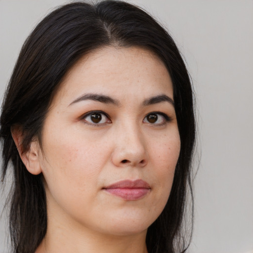 Neutral asian young-adult female with long  brown hair and brown eyes