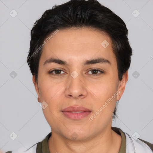 Joyful white young-adult male with short  black hair and brown eyes