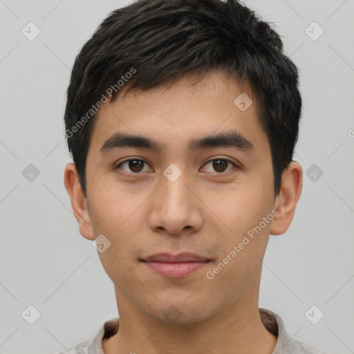 Neutral asian young-adult male with short  black hair and brown eyes