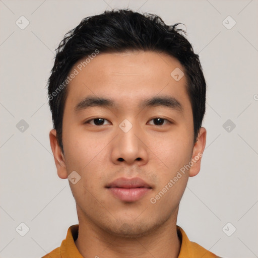 Neutral asian young-adult male with short  brown hair and brown eyes